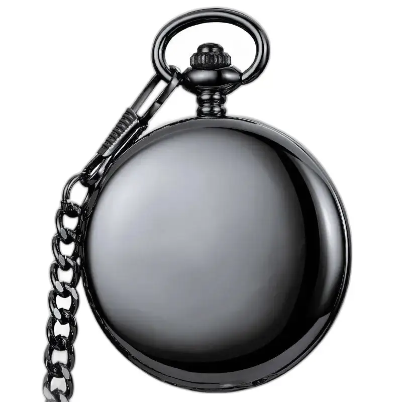 Klassiek zilveren glad mechanisch zakhorloge met ketting en zwarte wijzerplaat