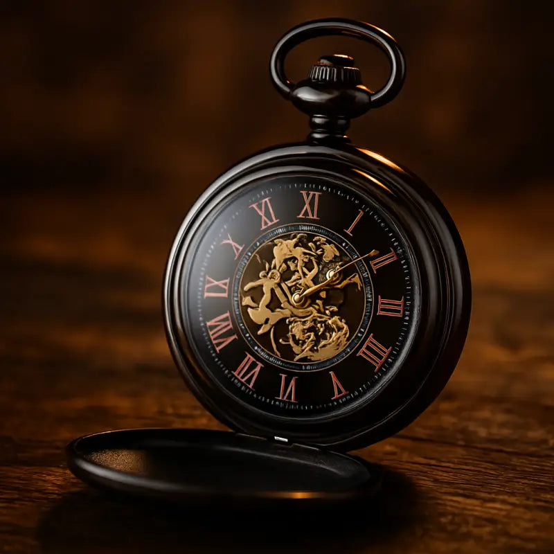 Klassiek zilver glad mechanisch zakhorloge met Romeinse cijfers op een zwarte achtergrond