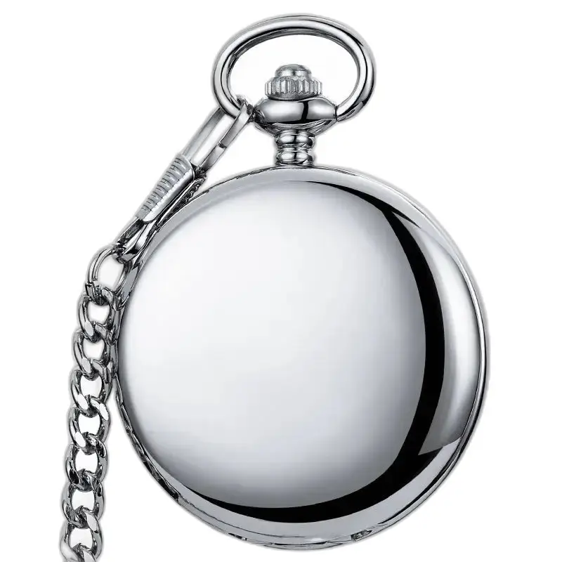 Klassiek zilver glad mechanisch zakhorloge met glanzende stalen ketting