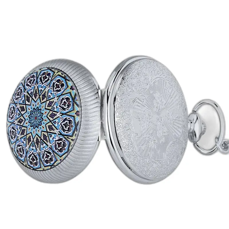 Luxe zilveren zakhorloge met patronen voor heren dames smaragd roterende ketting
