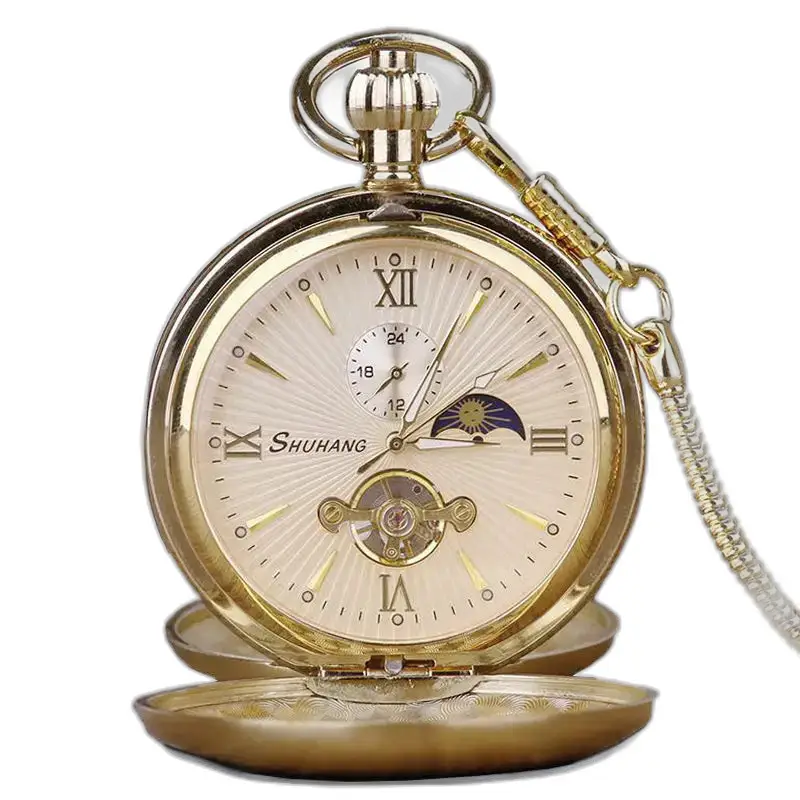 Luxe Double Flap Gouden zakhorloge met ketting en elegante maanfase