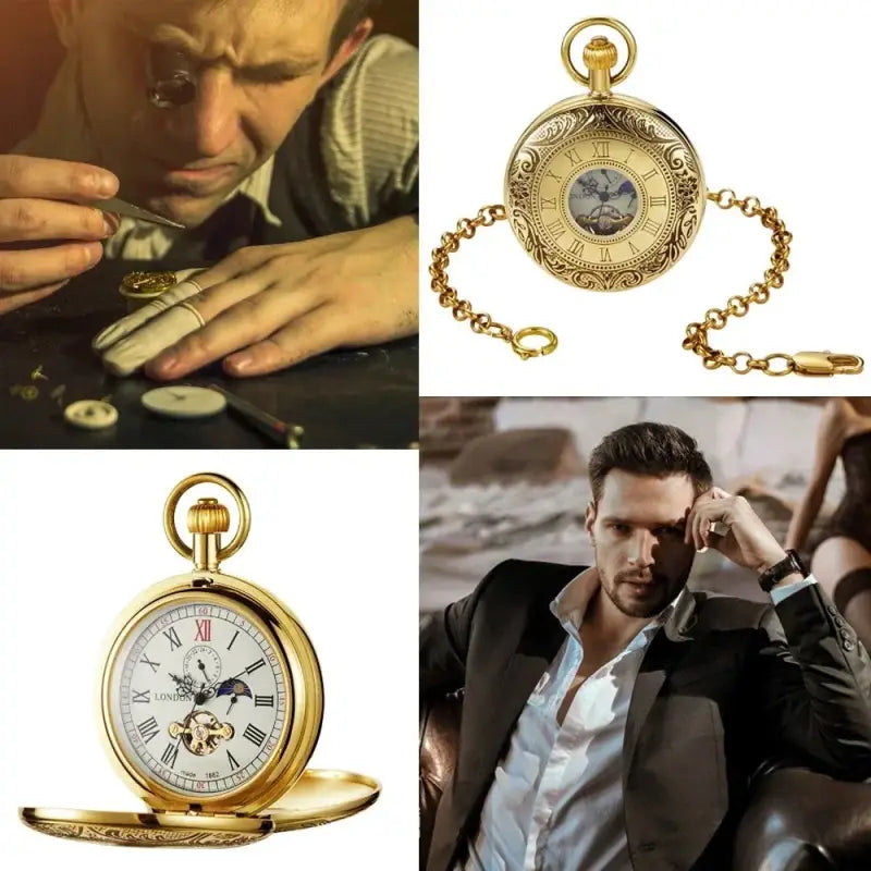 Collage van zakhorloges en horlogemakers voor luxe Double Half Hunter-zakhorloge
