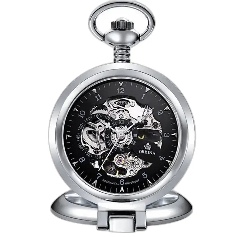 Luxe zakhorloge van het merk Orkina Silver met mechanisch uurwerk in detail