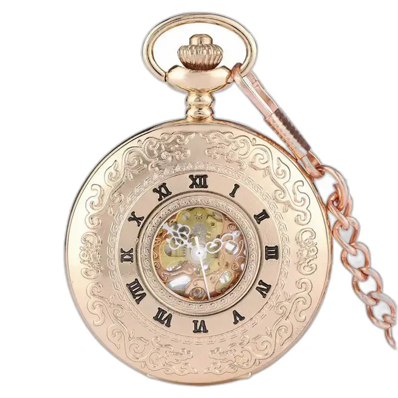 Luxe roségouden zakhorloge met indexen met Romeinse cijfers en verfraaide ketting