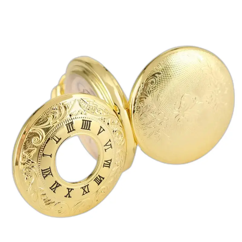 Luxe gouden skeletzakhorloge met een sierlijke gouden kast en Romeinse cijfers