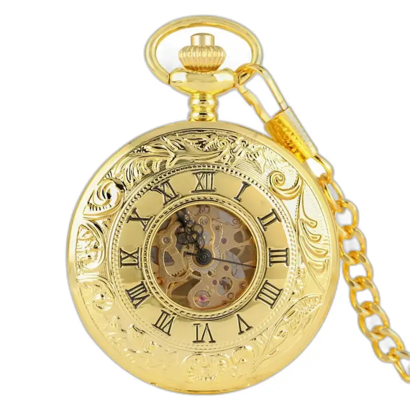 Luxe gouden skeletzakhorloge met Romeinse cijfers en sierlijke ketting