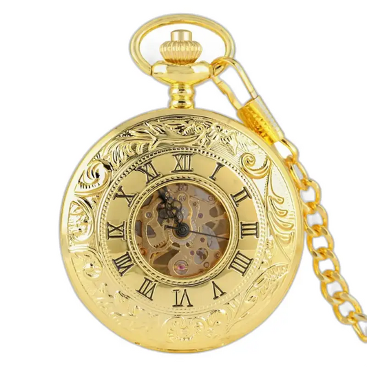 Luxe gouden skeletzakhorloge met Romeinse cijfers en sierlijke ketting