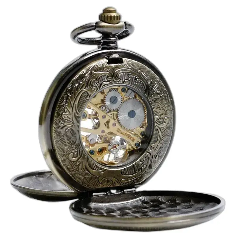Luxe vintage mechanisch zakhorloge met zichtbare bronzen tandwielen