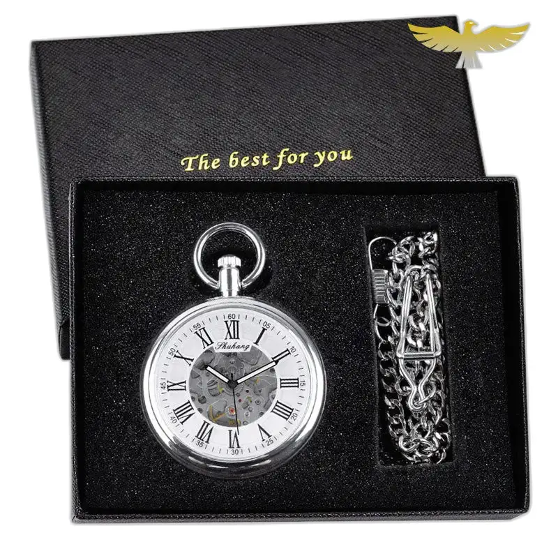 Zilver mechanisch zakhorloge met open wijzerplaat in geschenkverpakking