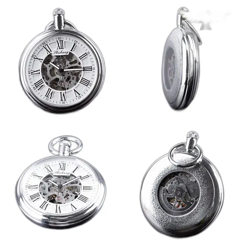 Zilver mechanisch zakhorloge met open wijzerplaat en elegant zilver design