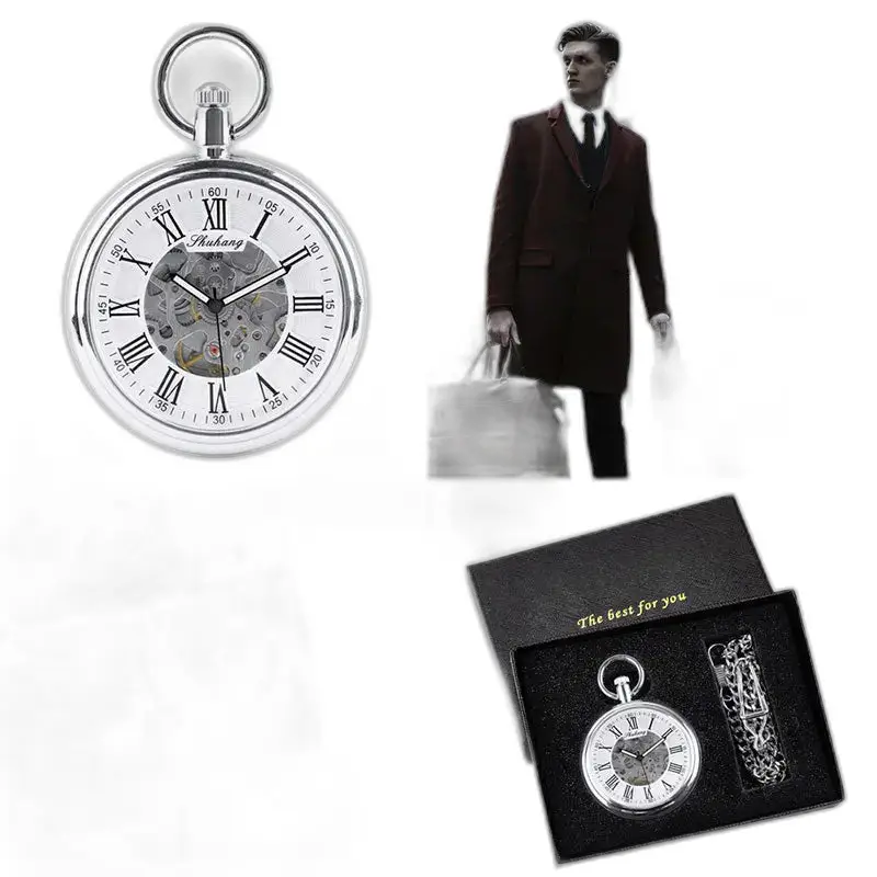 Zilver mechanisch zakhorloge met open wijzerplaat, gepresenteerd in een elegante doos
