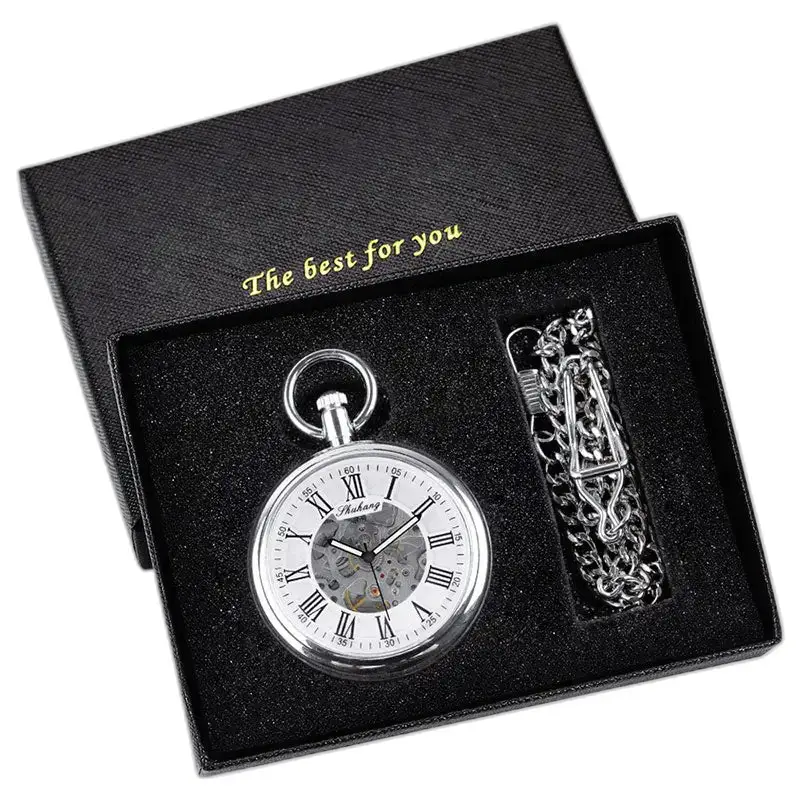 Zilver mechanisch zakhorloge met open wijzerplaat in geschenkverpakking
