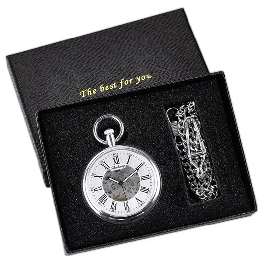 Zilver mechanisch zakhorloge met open wijzerplaat in geschenkverpakking