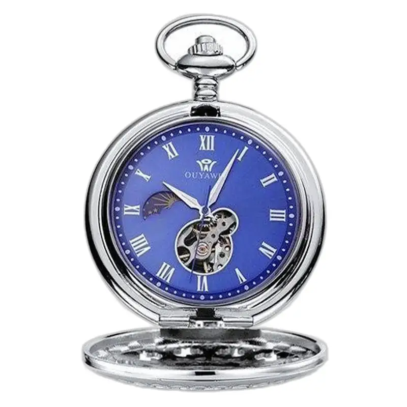 Zilverkleurig mechanisch herenzakhorloge met een elegante blauwe wijzerplaat