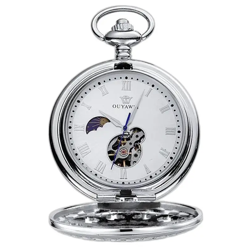 Luxe heren zilveren mechanisch zakhorloge met zichtbaar mechanisme
