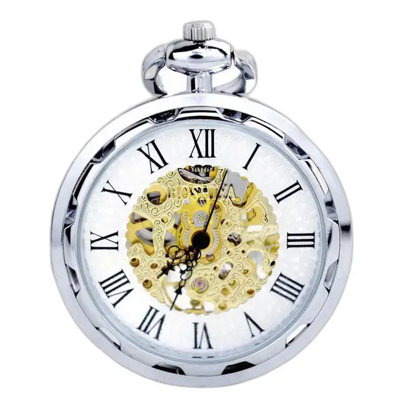 Luxe zilveren mechanisch zakhorloge met zichtbaar mechanisme en elegant ontwerp