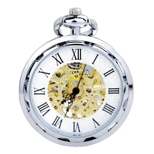 Luxe zilveren mechanisch zakhorloge met zichtbaar mechanisme en elegant ontwerp