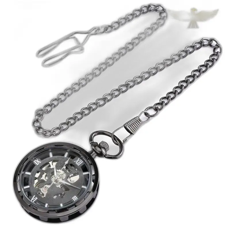 Zwart Dream Chic mechanisch zakhorloge met ketting en zwart skeletontwerp