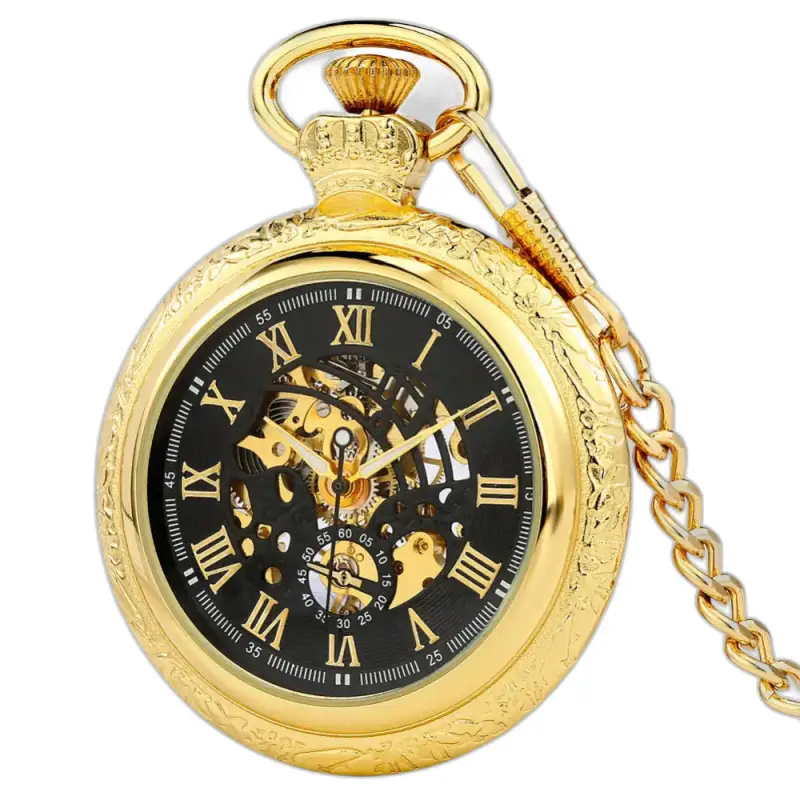 Gouden mechanisch zakhorloge met ketting en zwartgouden Romeinse wijzerplaat