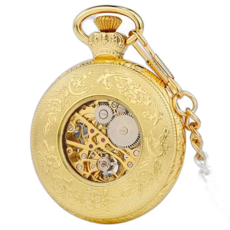 Zwart goud mechanisch zakhorloge met open wijzerplaat en zichtbaar mechanisme