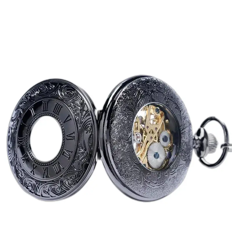 Black Metal Chic mechanisch zakhorloge met zichtbare zwarte metalen tandwielen