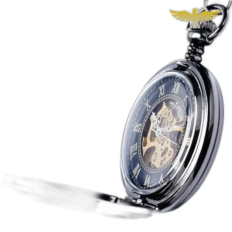 Zwart metalen chic mechanisch zakhorloge met gouden vogelbedel