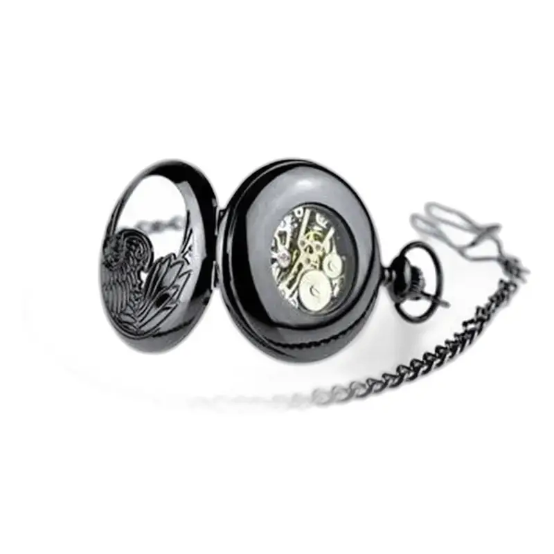 Zwart Phenix mechanisch zakhorloge met beschermklep en elegante ketting