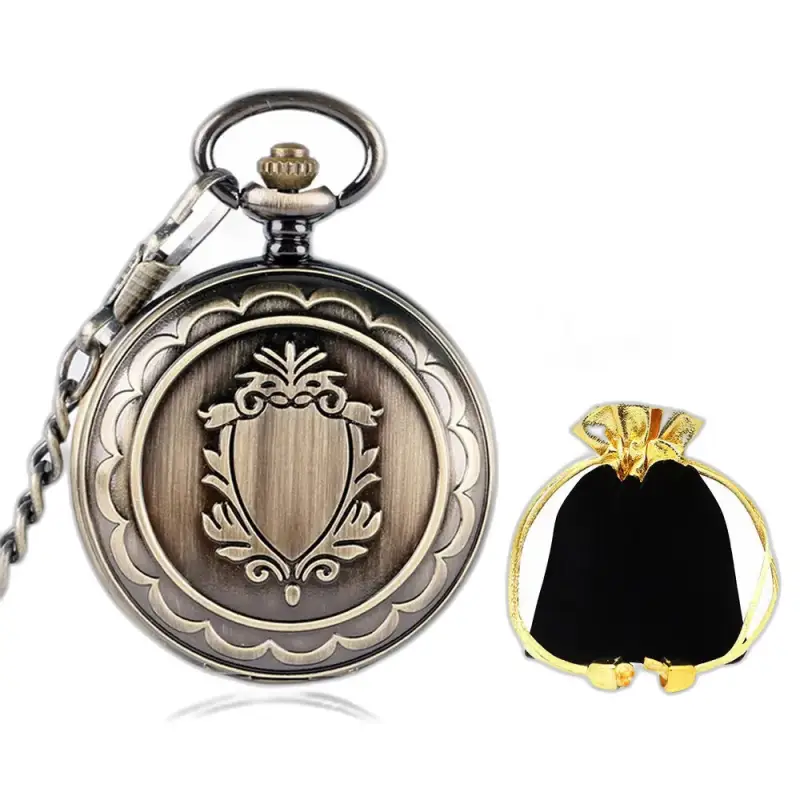 Heritage bronzen mechanisch zakhorloge met ketting en vintage etui