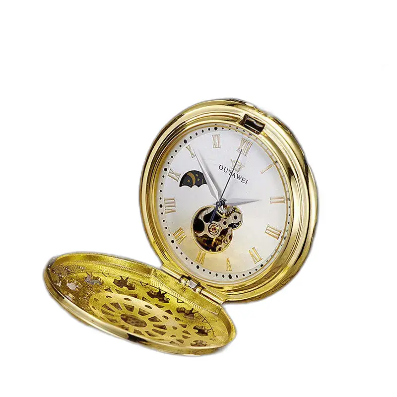 Mechanisch zakhorloge met zwarte wijzerplaat, Romeinse cijfers en een elegante gouden kast