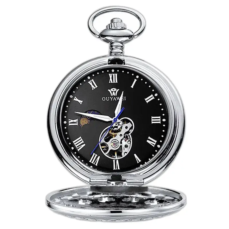 Mechanisch zakhorloge, zwarte wijzerplaat met zilveren Romeinse cijfers