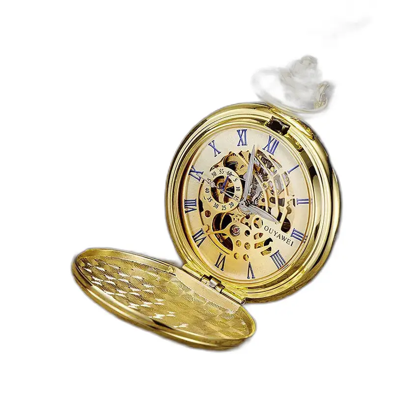 Mechanisch zakhorloge, zwarte wijzerplaat, Romeinse cijfers in goud met open deksel