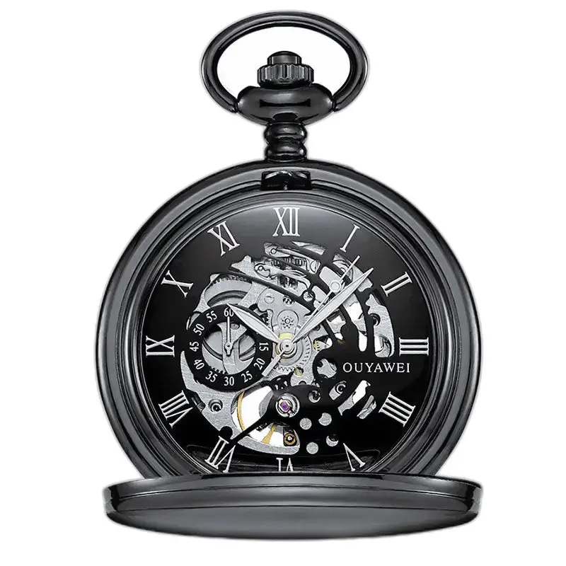 Mechanisch zakhorloge, zwarte wijzerplaat met Romeinse cijfers en zwart skelet