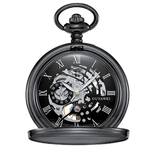 Mechanisch zakhorloge, zwarte wijzerplaat met Romeinse cijfers en zwart skelet