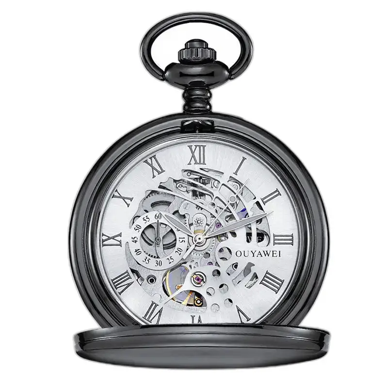 Mechanisch zakhorloge met zwarte wijzerplaat en Romeinse cijfers, elegante zwarte stijl