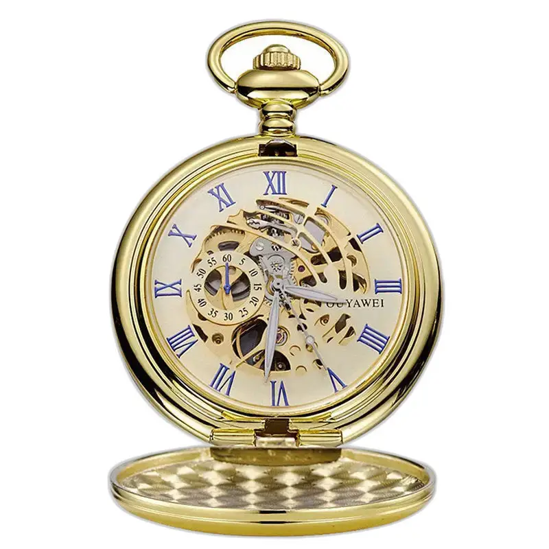 Mechanisch zakhorloge, zwarte wijzerplaat, Romeinse cijfers in goud met zichtbaar mechanisme