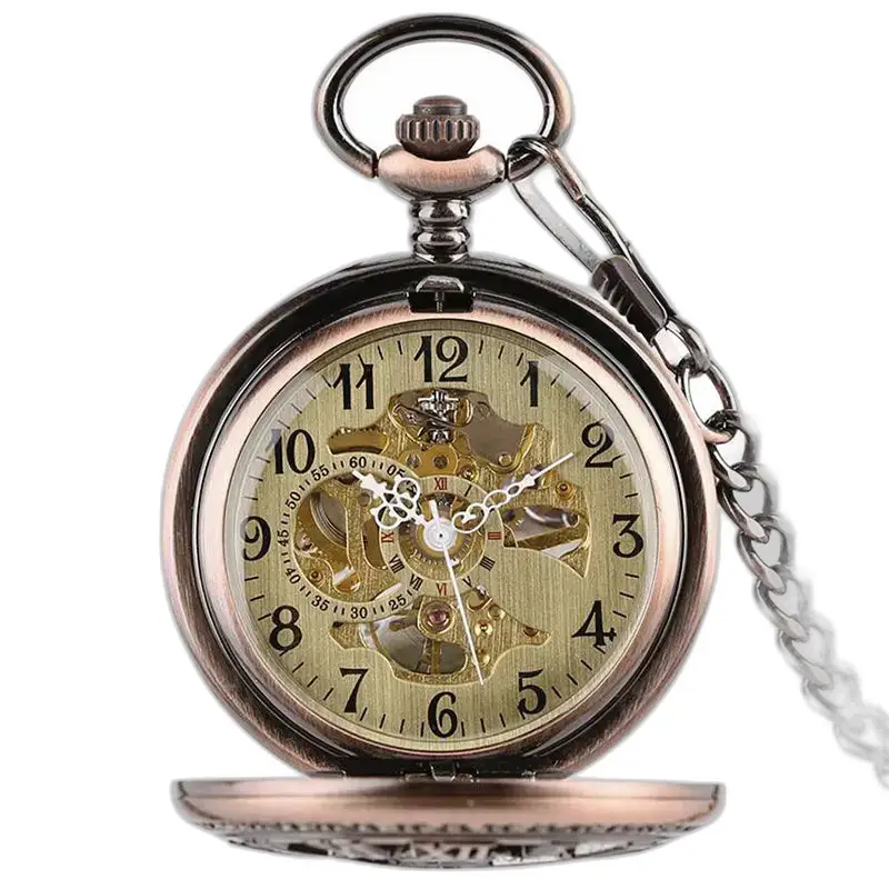 Steampunk-stijl koperen mechanisch zakhorloge met zichtbare versnellingen