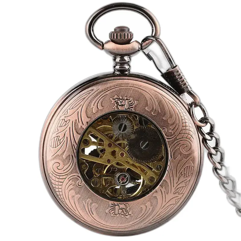 Steampunk-stijl koperen mechanisch zakhorloge met zichtbare bronzen tandwielen