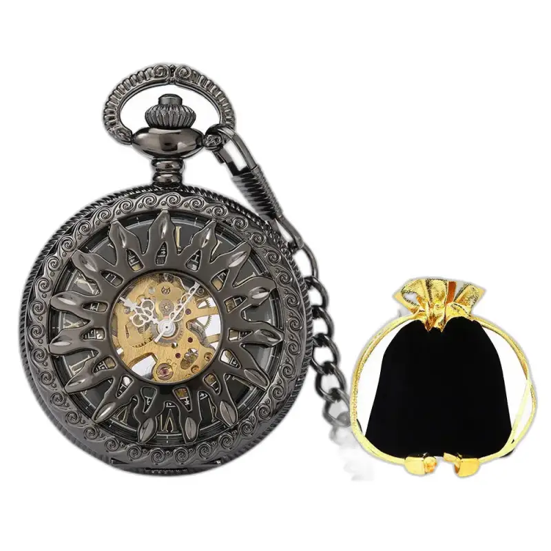 Dark Sun mechanisch zakhorloge voor heren en dames met zwart leren etui