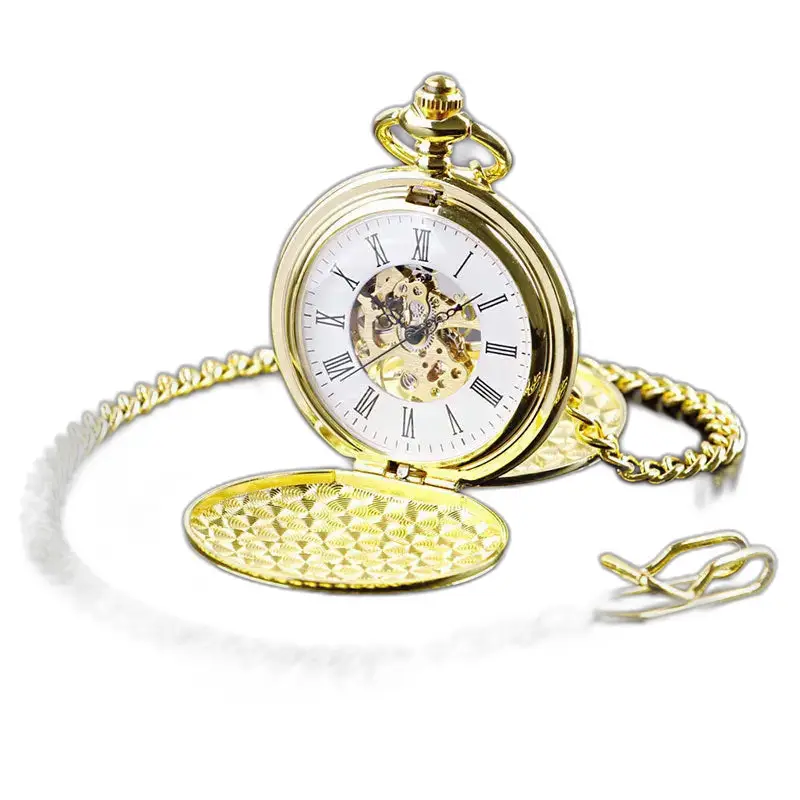 Goudkleurig mechanisch herenzakhorloge met dubbele jager en elegante ketting