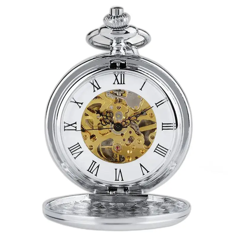 Zilver mechanisch zakhorloge met dubbele klep en zichtbaar zilveren mechanisme
