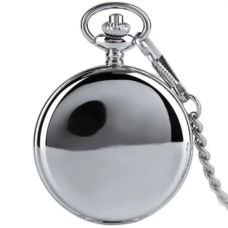 Zilver mechanisch zakhorloge met dubbele klep in glanzend zilver met ketting