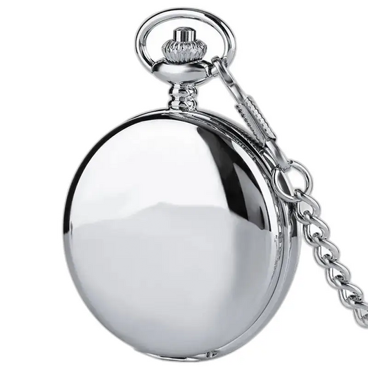 Zilver mechanisch zakhorloge met dubbele klep, glanzende ketting en elegant ontwerp