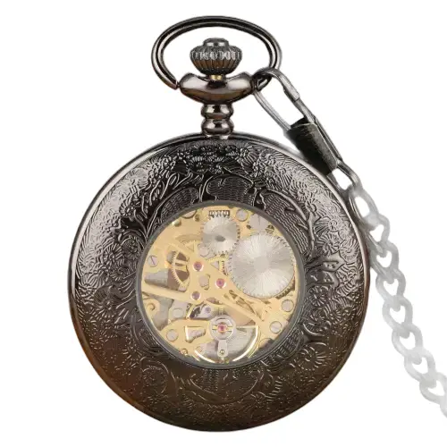 Montre à Gousset Mécanique Gold Tentation avec engrenages visibles et chaîne en noir