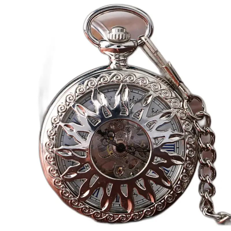 Golden Sun Black Mechanical Pocket Watch, mechanisch zakhorloge met zilveren ketting
