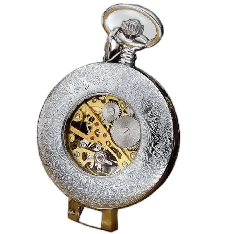 Zilveren zakhorloge met bloemengravure en zichtbaar skelethart