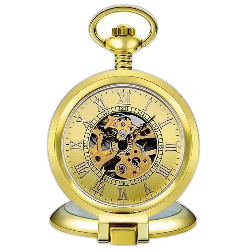 Chique heren mechanisch zakhorloge met skelethart in goudkleur