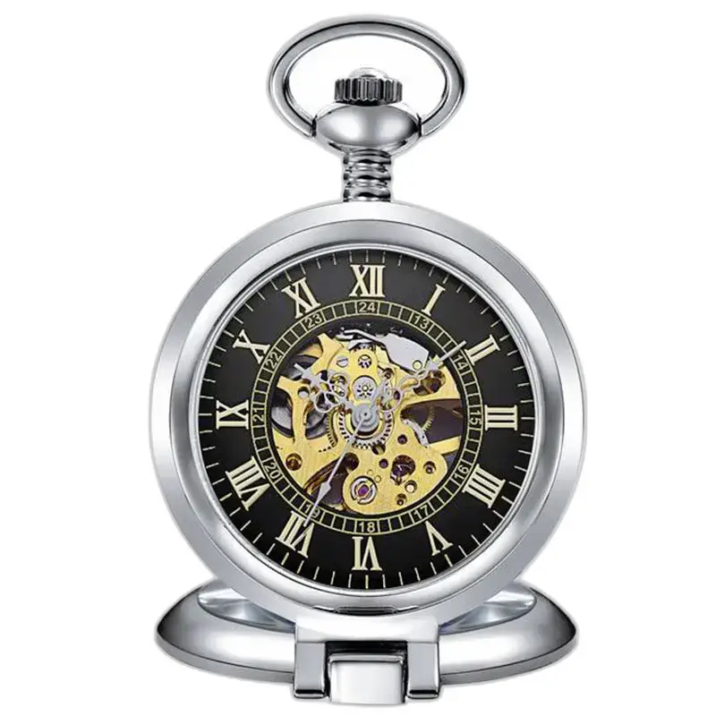 Chique heren mechanisch zakhorloge met skelethart en zilveren kast