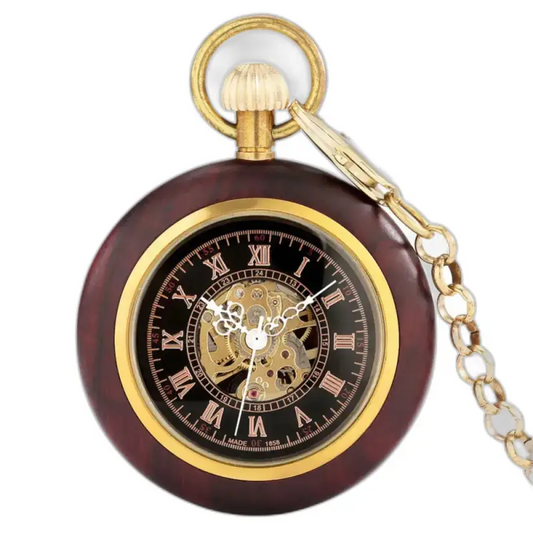 Luxe houten zakhorloge met ketting en mineraalglas, Kinetic Woodcraft-stijl