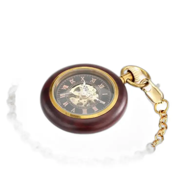 Kinetic Woodcraft luxe houten zakhorloge met ketting en mineraalglas