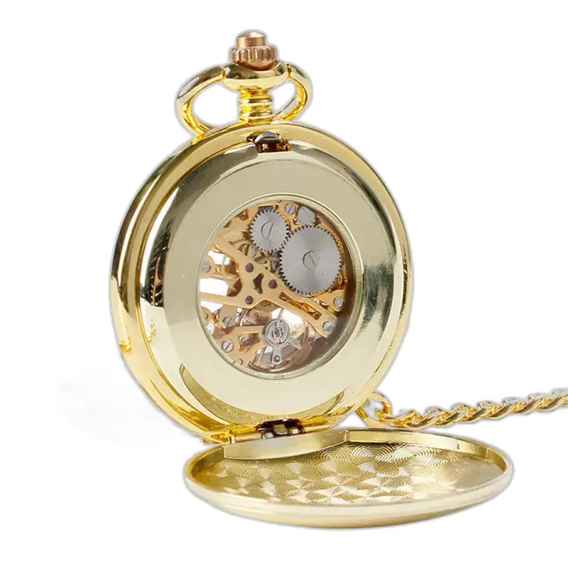 Montre à gousset mécanique lisse noir luxe avec un cadran doré élégant